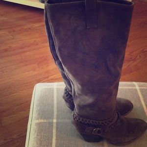 Brown knee high suede boots